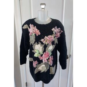 Vintage Bonnie & Bill by Holly‎ Black Chenille Sweater Floral Embroidered Size L